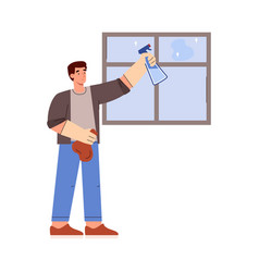 Man Cleaning The Window With Spray Flat Cartoon