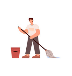 Man Washes The Floor In House With Mop Cartoon