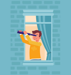 Man Looking Through Telescope In Window