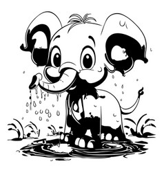 Elephant In A Puddle - Black And White Cartoon