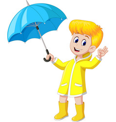 Happy Girl In Yellow Raincoat Hold Blue Umbrella