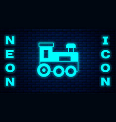 Glowing Neon Toy Train Icon Isolated On Brick Wall