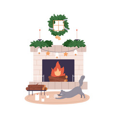 Cute Cat Playing By Christmas Fireplace At Home