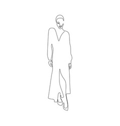 Model Girl Wearing Long Dress One Line Drawing