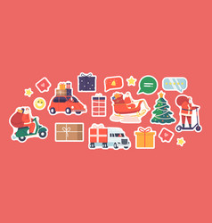 Set Of Stickers Santa Deliver Gifts On Different