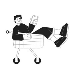 Happy Man In Shopping Trolley Holding Phone