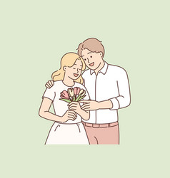 Loving Man Hugging Woman Giving Bouquet Flowers