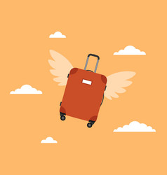 Winged Flying Luggage And Clouds On An Orange