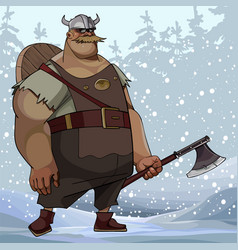 Cartoon Burly Man In Viking Clothes With An Ax