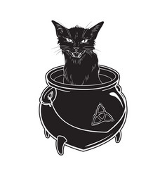 Hand Drawn Black Cat Sitting In Witch Cauldron