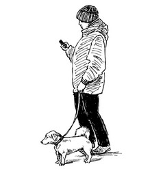 Sketch Of Casual City Woman Walking With Dog