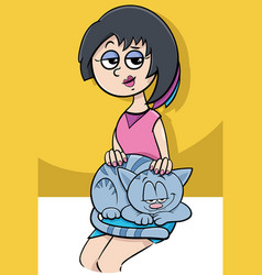 Cartoon Woman Petting A Cat On Her Lap