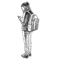 Sketch Of Casual Student Girl With Backpack