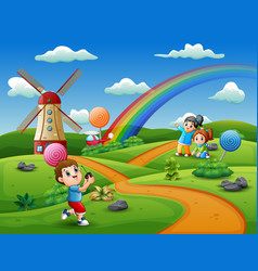 Cartoon Kids Playing In A Candy Land Background