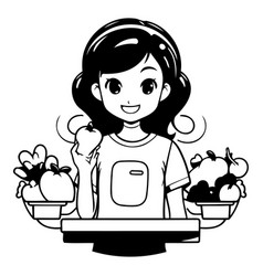 Cute Girl In Apron With Fruits And Vegetables