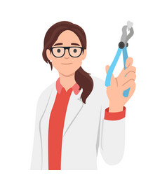 Beautiful Dentist Woman Holds Syringe And Tongs