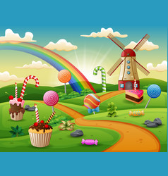 Fantasy Sweet Land With Cup Cake And Candies