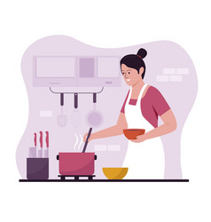 Flat Design Of Woman Cooking Food In Kitchen