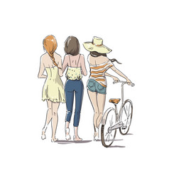 Three Young Women Walking Barefoot With Bicycle