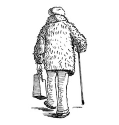 Sketch Of Old Woman In Fur Coat With Walking