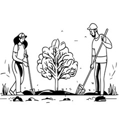 Man And Woman Volunteering Planting Tree Black