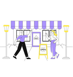 Woman Open Shop Or Store Line Concept