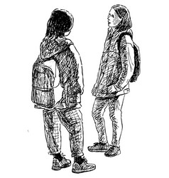 Sketch Of Two Students Girls Standing And Talking