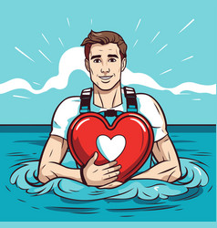 A Man Holding Red Heart In The Water