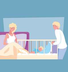 Mom In Bed And Baby In Crib With Dad Observing