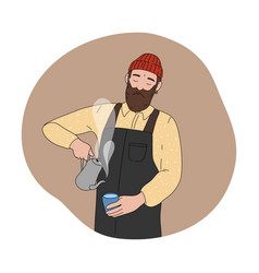 Brutal Bearded Man Barista Pouring Black Coffee