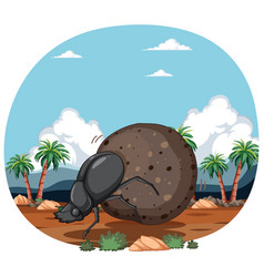 Cartoon Dung Beetle Pushing A Large Ball