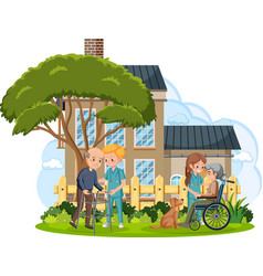 Elderly Couple With Caregiver In Front Of House