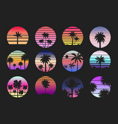 Retro Palm Sunset Labels Exotic Tropical Island