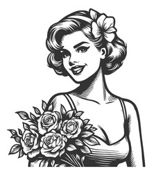 Woman Smiling With Rose Bouquet In Hand