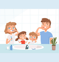 Kids With Parents Washing Teeth Brush Sink Toilet