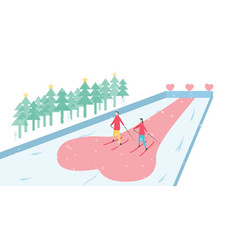 Romantic Adults Couple Play Ski In Winter Season