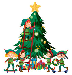 Children In Elf Costume Decorating Christmas Tree