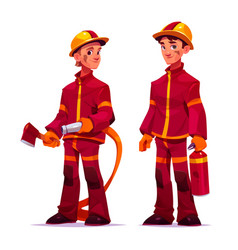 Firemen With Extinguisher Water Hose And Ax