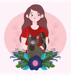 Beauty Woman Portrait With Cat Cartoon Pet