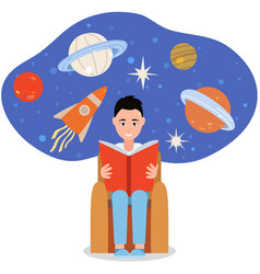 Boy Reading Book And Dreaming About Space Young