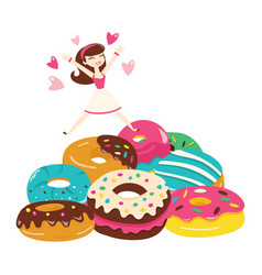 Cartoon Woman Jumping At A Pile Of Cute Donuts