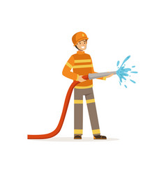 Fireman Character Holding Hose Extinguishing Fire