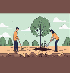 Man And Woman Volunteering Planting Tree Black