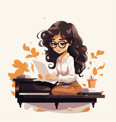 Girl Working At A Typewriter In Flat Style