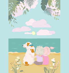 Cartoon Happy Couple With Dog Sitting On The Beach