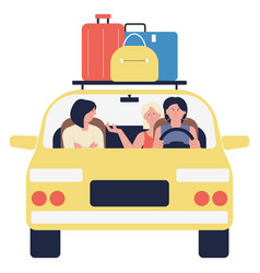 Women Travel On Car Front View Friends Trip