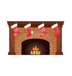 Brick Fireplace With Fire And Christmas Socks