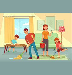 Family Cleaning House Father Mother And Kids