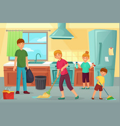 Family Cleaning Kitchen Father Mother And Kids