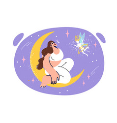 Dreaming Woman Sits On Crescent Moon In Night Sky